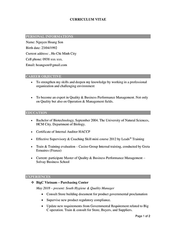 Bản mẫu CV tiếng Anh cho sinh viên mới ra trường
