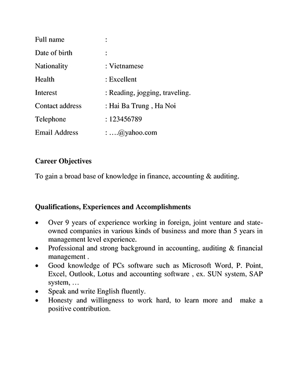 Mẫu CV tiếng Anh chuyên nghiệp cho dân kế toán tổng hợp